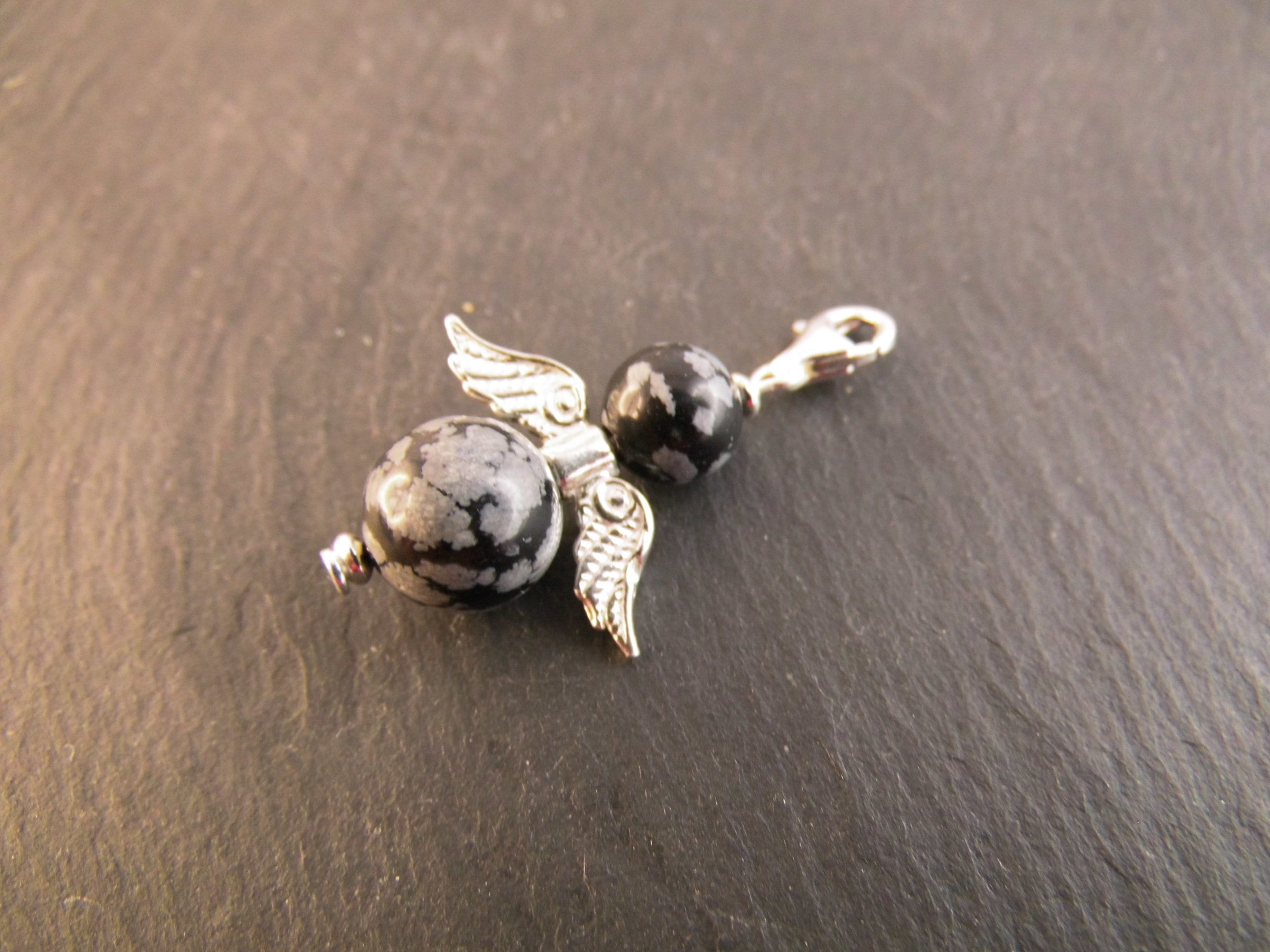 925er Echt Silber Schneeflocken Obsidian Anhänger Perlenengel Schutzengel Kettenanhänger